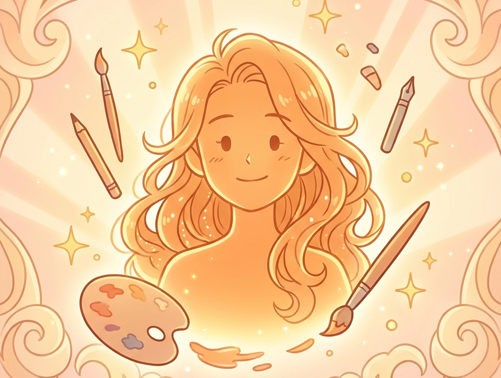 Warm illustration for creating a character, surrounded by a palette and brushes.