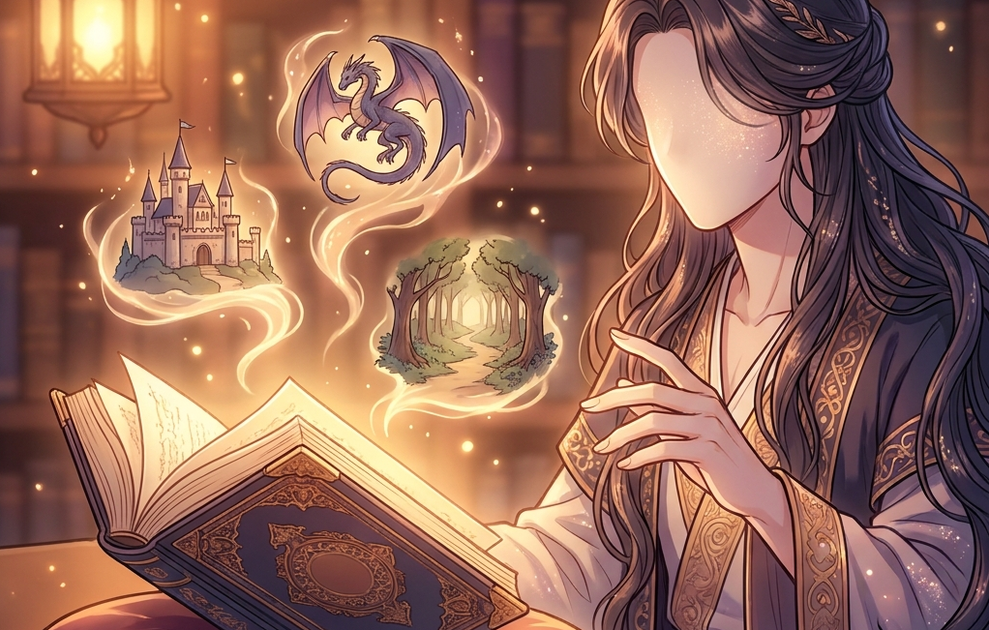Illustration for creating a story: a glowing spellbook with castles, dragons and forests rising out of it.
